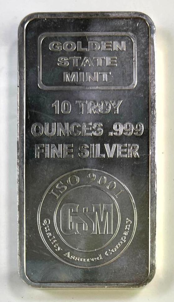 Golden State Mint 10 oz .999 Fine Silver Bar: Golden State Mint 10 oz .999 Fine Silver Bar