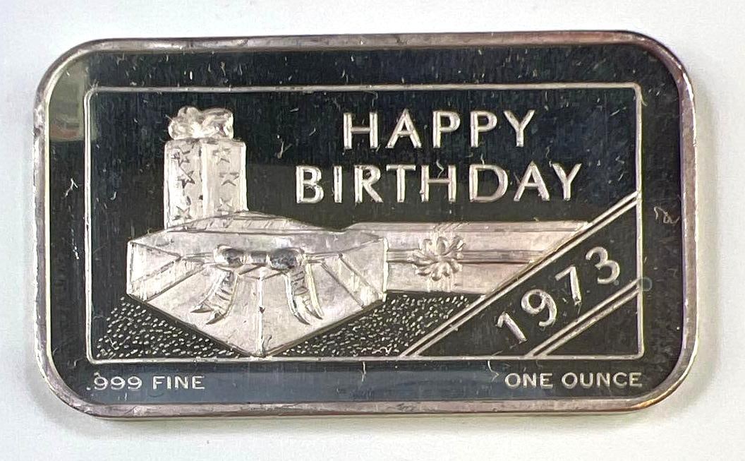 1973 Happy Birthday 1 oz .999 Fine Silver CEECO Art Bar: 1973 Happy Birthday 1 oz .999 Fine Silver CEECO Art Bar