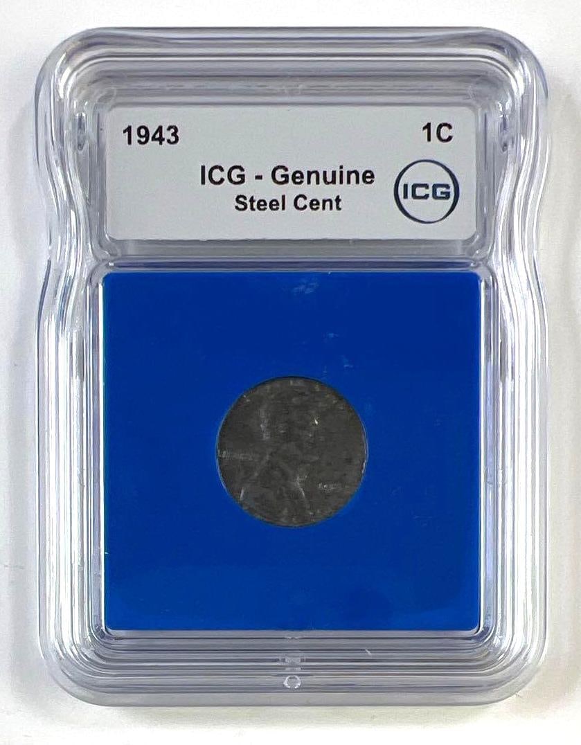 1943 Steel Cent Lincoln Wheat Penny ICG Genuine Certified Coin: 1943 Steel Cent Lincoln Wheat Penny ICG Genuine Certified Coin