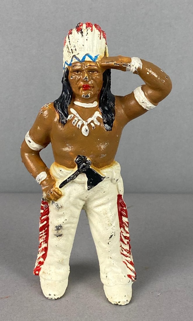 Antique 1930?s Hubley Cast Iron Native American Indian Chief Coin Bank: Measures 6 tall.