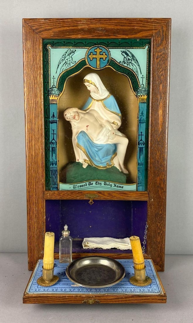 Antique 1900?s Catholic Last Rites Religious Shadow Box: Measure H 23 x W 3 x L 13 inches.