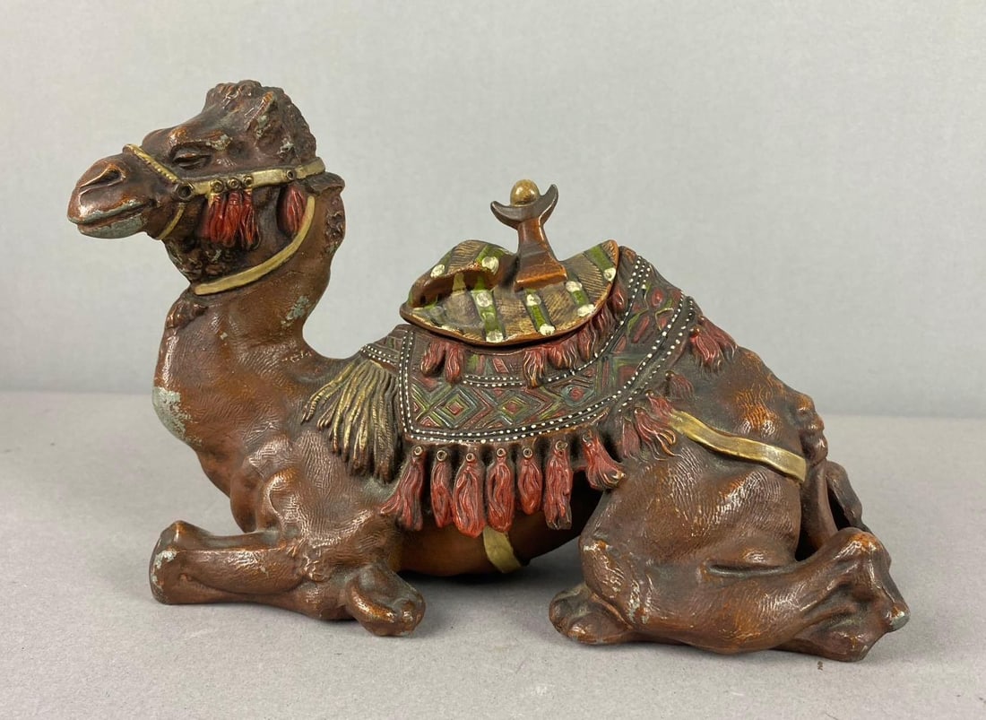Antique 1900?s Anglo-Indian Style Cast Metal Camel Inkwell: Has some paint chips throughout. Measures H 5 x W 3 x L 8 inches.