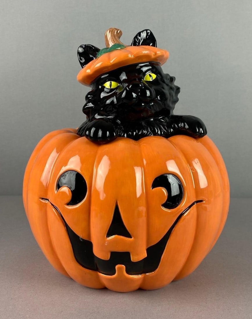 Halloween Themed Black Cat Pumpkin Glaze Ceramic Cookie Jar (1 of 4)