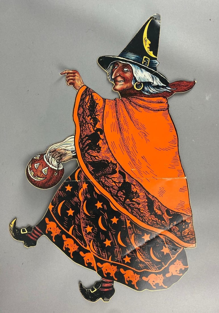 Vintage 1989 Beistle Halloween Witch Pin-Up Window Display: Measures L 27 x W 16 inches. Has some creases in cardboard.