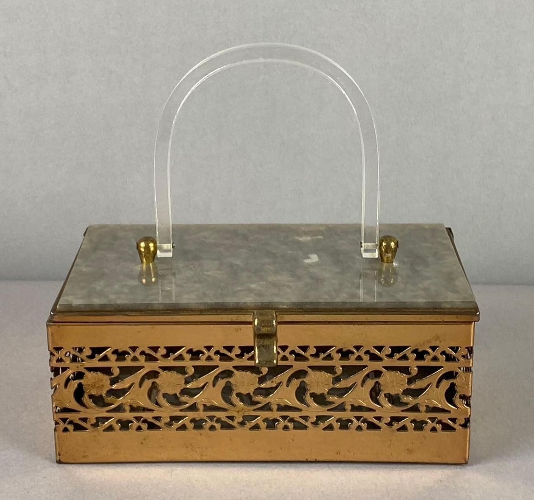 Vintage 1950?s MadWed Brass Filigree and Pearlescent Lucite Box Purse (1 of 5)