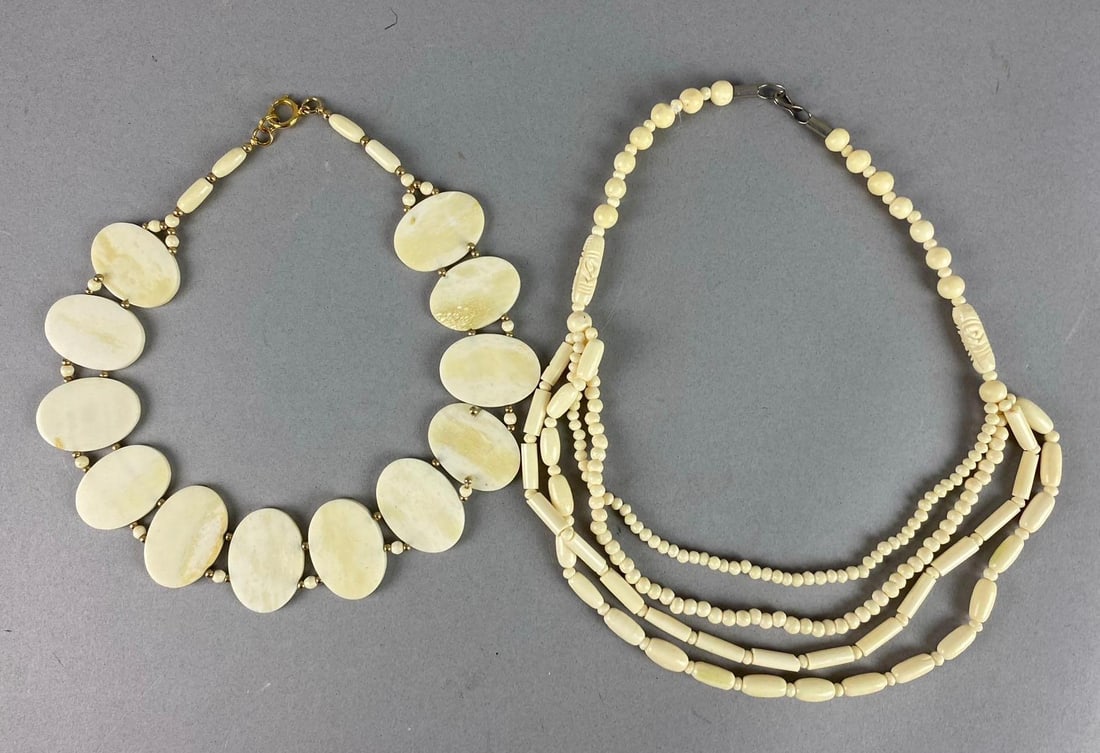 Group of 2 Vintage Bovine Bone Necklaces: Largest measures 19 in length.