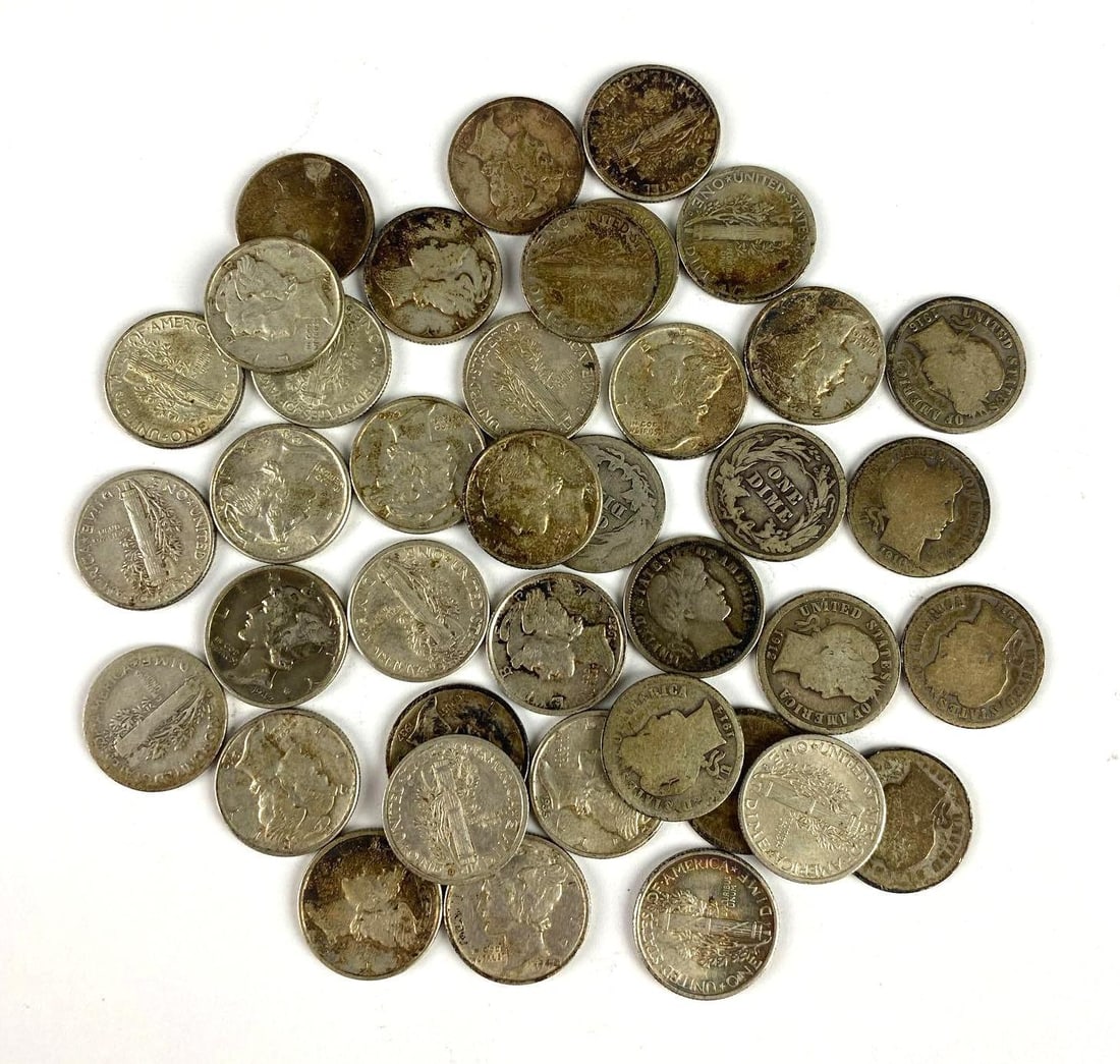 Group of 39 US Mercury Silver Dimes and More: Include years 1911,1913, and more. Includes US Barber Silver Dimes
