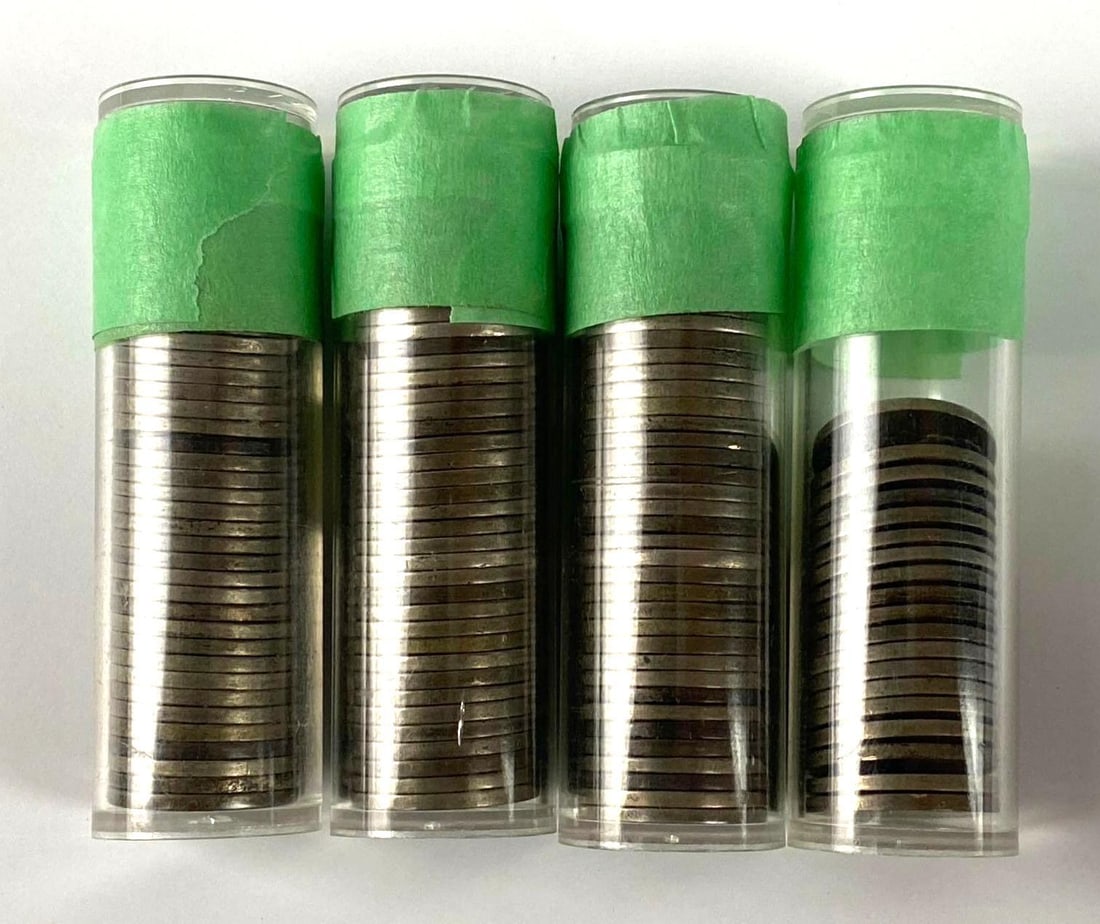 Group of 4 Rolls of WW2 US Jefferson Silver Nickels: Includes 1942, 1943, and more. Roughly 110+ nickels.
