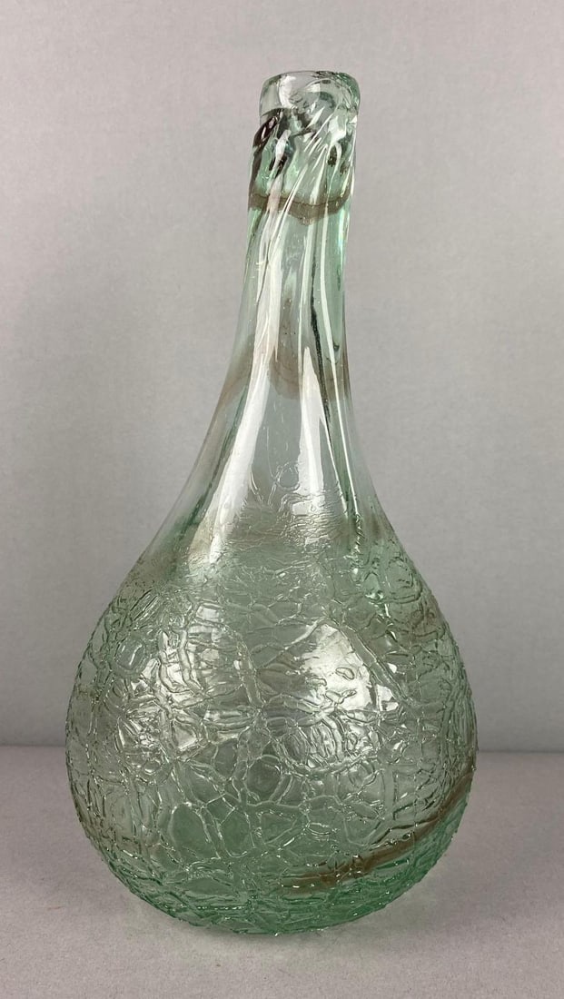 Vintage 1968 Green Crackle Glass Decanter: Measures 12 tall.