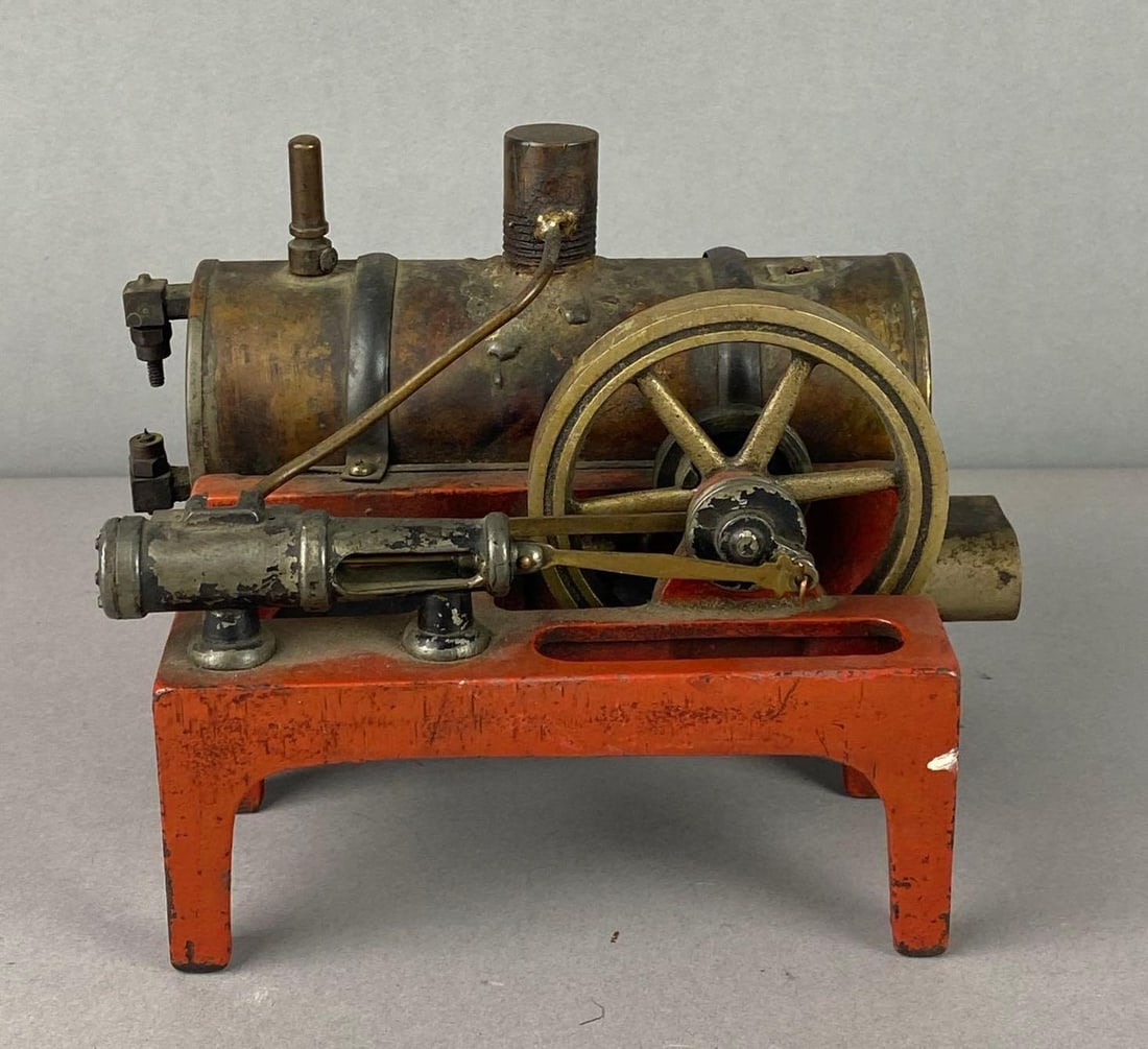 Antique 1930?s Weedan Horizontal Toy Steam Engine: Model No. 14. Untested. Missing parts on top and plug. Measures H 5 x W 5 1/2 x L 6 inches.