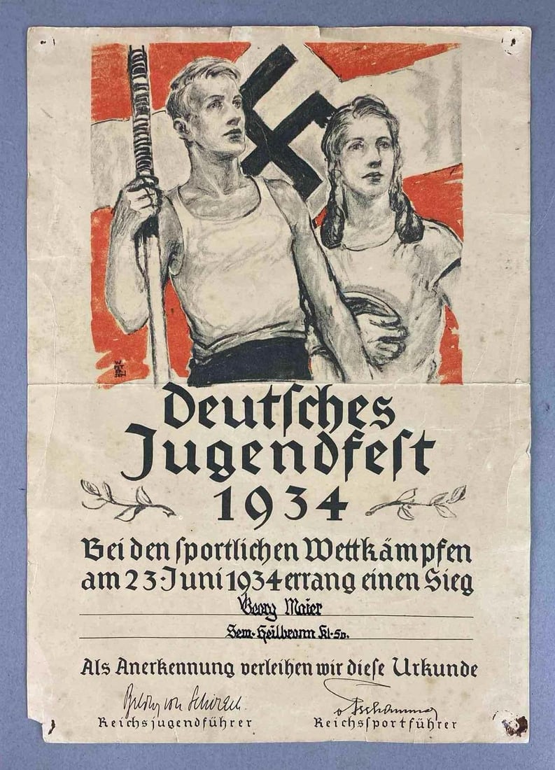 Antique 1934 WW2 German Youth Festival Award Certificate: has rips and tears. Measures L 11 x W 8 inches.