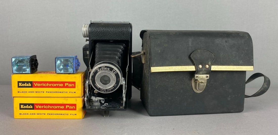 Vintage 1950?s Rollex 20 120mm Folding Film Camera: Comes with case, film, and more. Untested. Camera measures 6 in length.