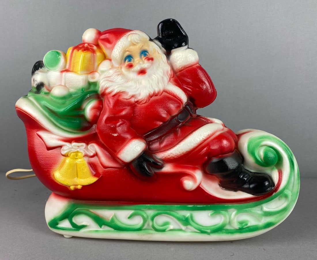 Vintage 1970?s Empire Christmas Santa Sled Blow Mold Light Up Display: Non working condition. Bulb burnt. H 10 x W 3 x L 11
