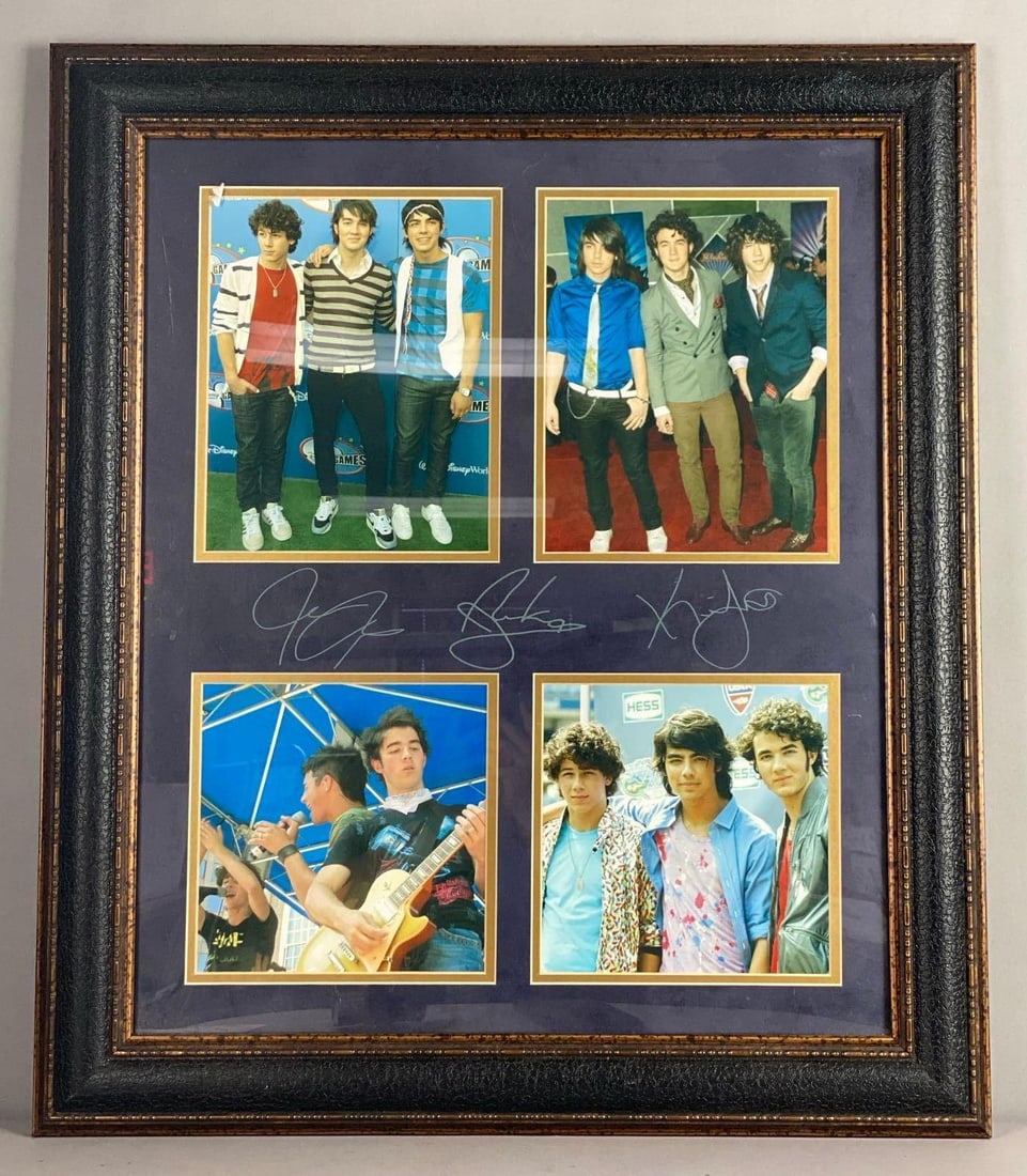 2008 Jonas Brothers Disney Channel Games Framed Montage: Signature included. Authenticity Unknown. Measures L 29 x W 25 inches.