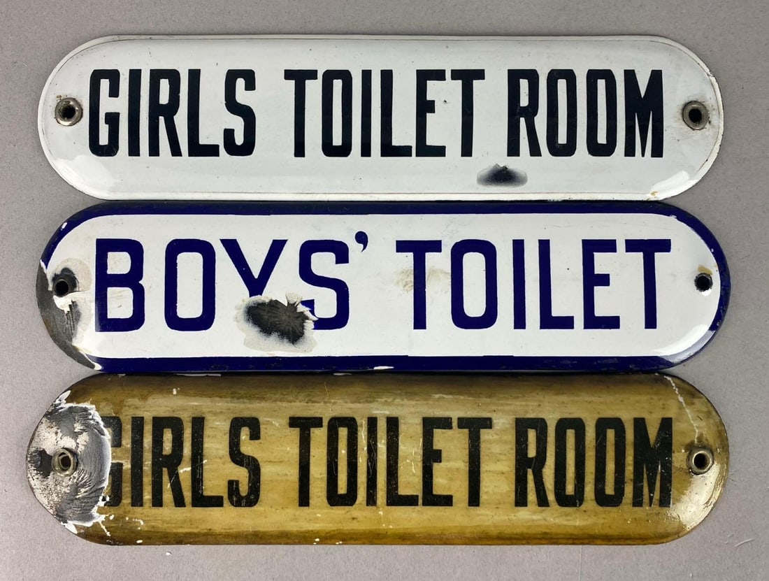 Group of 3 Antique 1930?s School Boys/ Girls Toilet Room Enamel Porcelain Plaques: Chips and cracks throughout. One measures L 10 x W 2 1/2 inches.