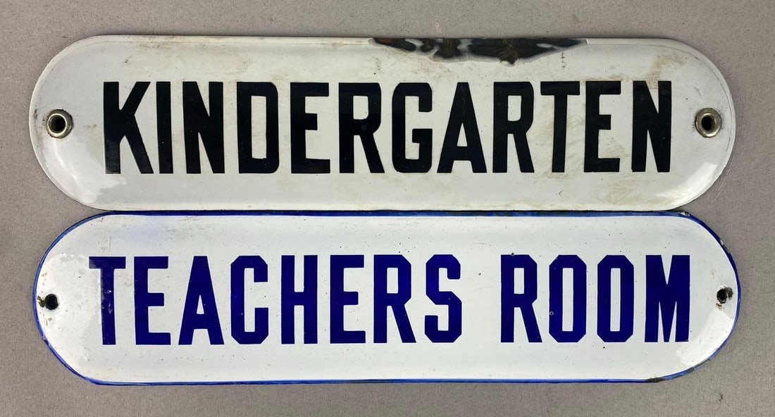 Group of 2 Antique 1930?s School Room Enamel Porcelain Plaques: Includes kindergarten and teacher Room. Chips and cracks throughout. One measures L 10 x W 2 1/2 inches.