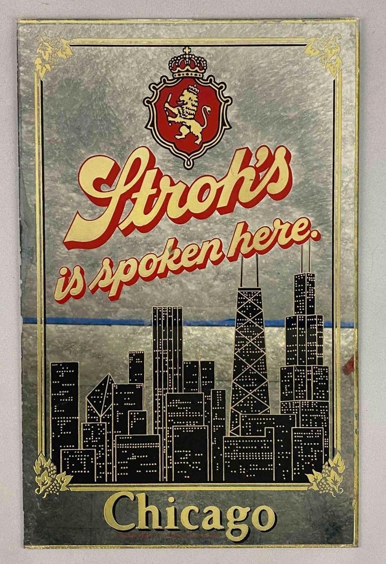 Vintage 1980?s Stroh?s Beer Chicago Skyline Advertising Mirror Sign (1 of 2)