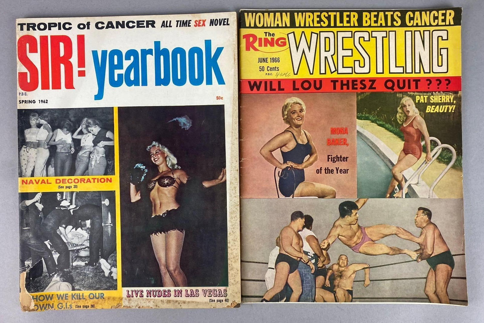 Group of 2 Vintage 1960?s Magazines: Includes 1966 The Ring Wrestling and 1962 Sir! Yearbook. Largest measures L 11 x W 8 1/2 rips and tears throughout.