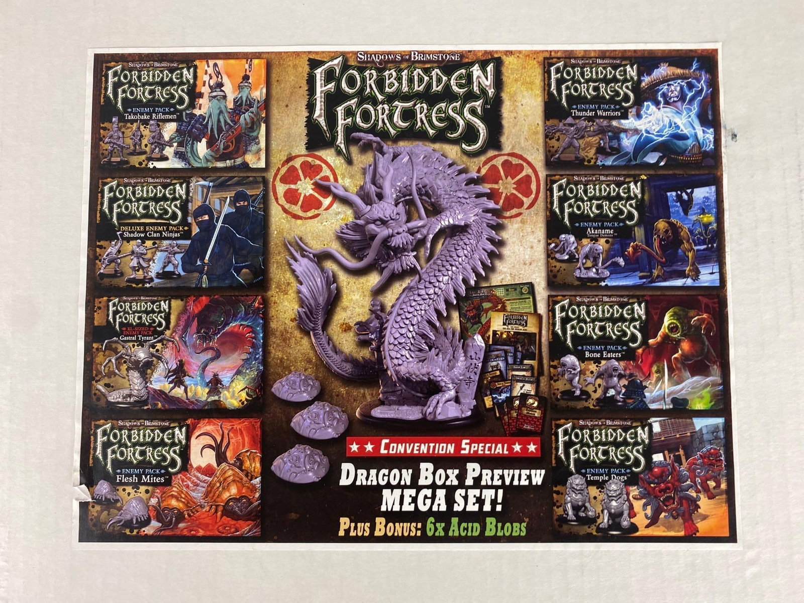 2017 Shadows Of Brimstone: Forbidden Fortress Dragon Box Preview Mega Set: Like new in original packaging. Box measures H 5 x W 15x L 25 inches.