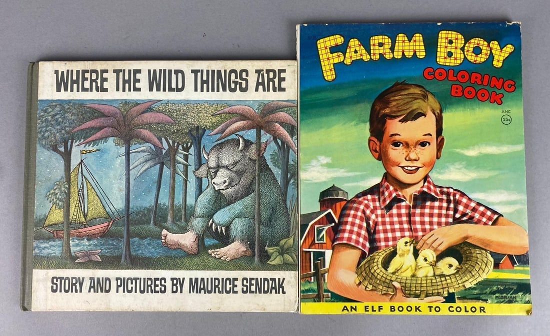 Vintage 1963 Where The Wild Things Are Children Book and More: Includes Farm Boy Coloring Book. Largest measures L 10 x W 9 inches.