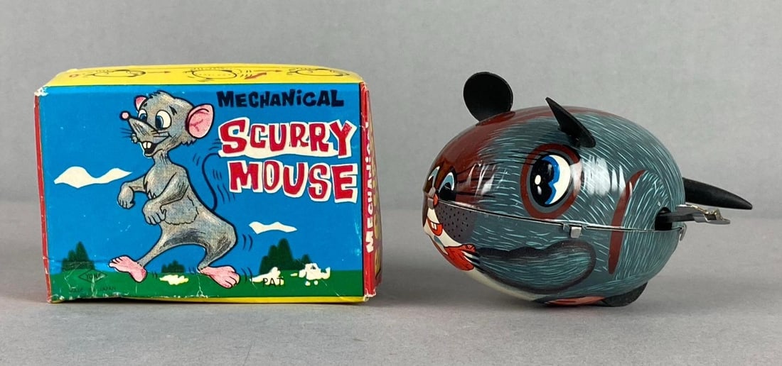 Vintage 1950?s Japan Yone Tin Litho Mechanical Scurry Mouse Wind-Up Toy: Tested and working. Like new in original packaging. Measures 3 in length.