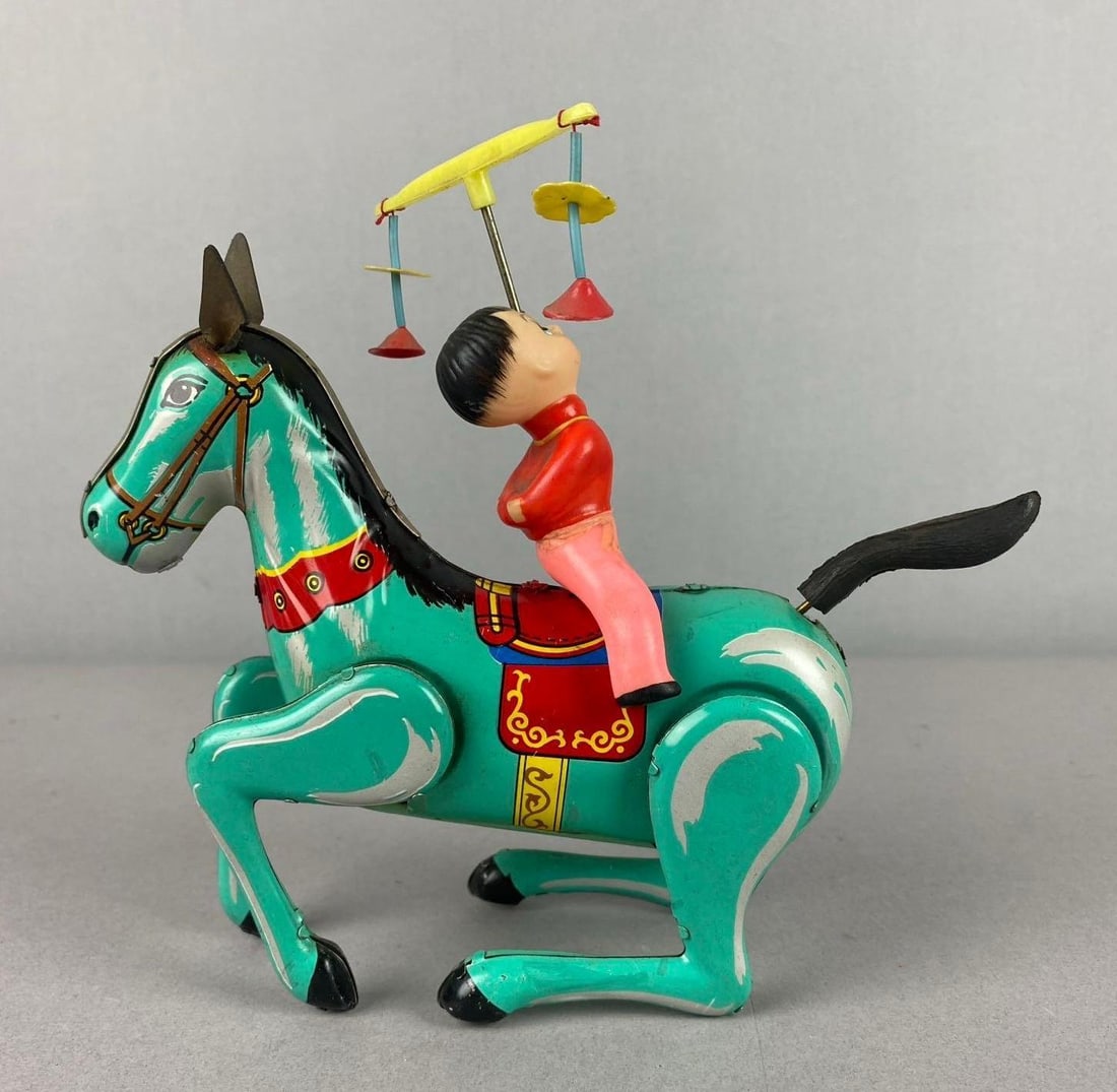 Vintage 1950?s China Tin Litho Mechanical Circus Horse Wind-Up Toy: Working. Measures 8 in length.