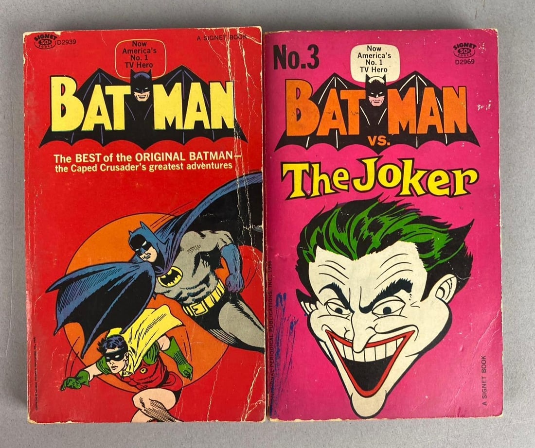 Group of 2 Vintage 1966 Signet Book Batman Comic Books: Rips and tears throughout. One measures L 7 x W 4 inches.