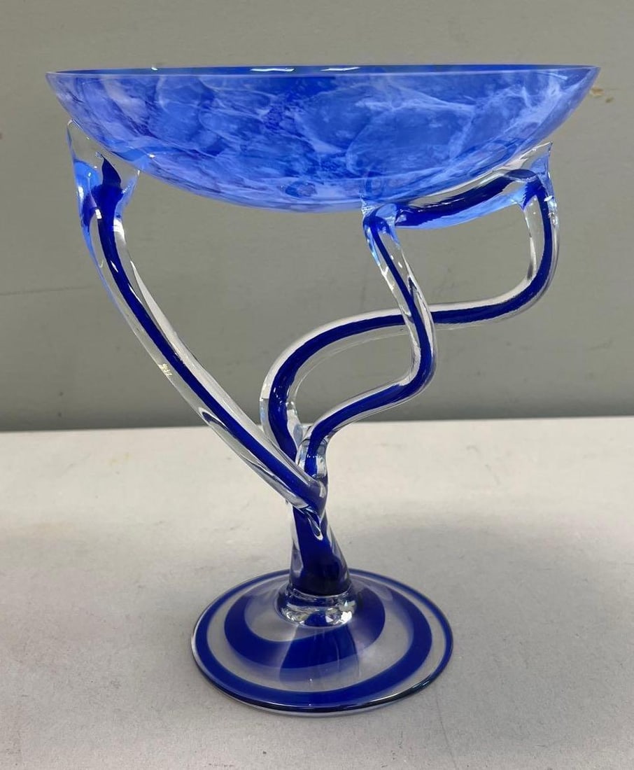 Contemporary Cobalt Blue Art Glass Compote Centerpiece Bowl: 8 1/2 inches wide by 10 1/2 inches high