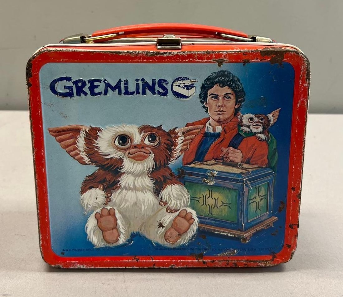 1984 Aladdin Gremlins Metal Lunch Box with Original Stripe Thermos: 8 inches W by 7 inches H by 4 inches D