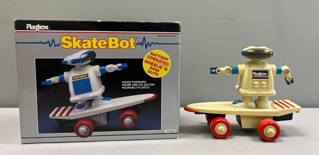 Vintage Playtime SkateBot Battery-Operated Robot on Skateboard w/ Box and Manual: Klean battery case, box measures 11 inches W by 5 1/2 inches D by 8 1/2 inches H
