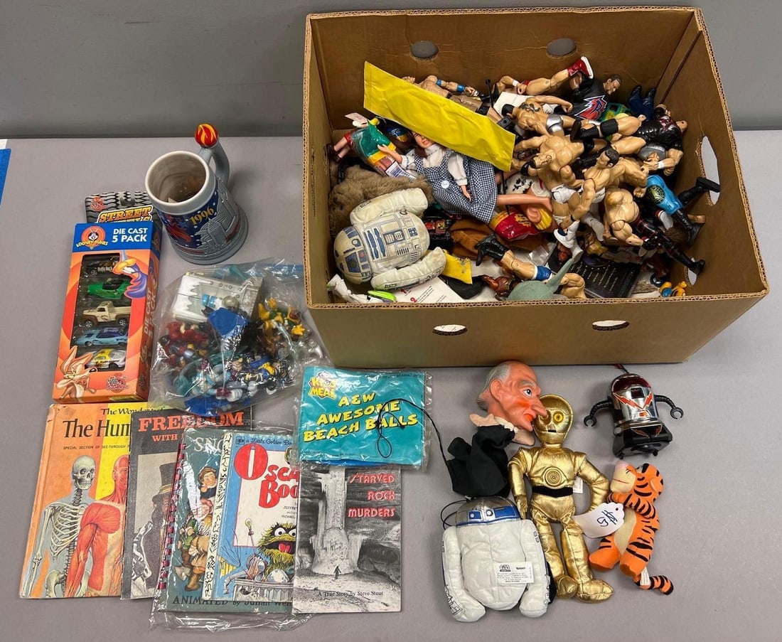 Large Mixed Pop Culture Toy and Collectibles Lot ? Star Wars, Disney, WWE, Looney Tunes and More: in 19 inches W by 15 inches D by 10 inches H box