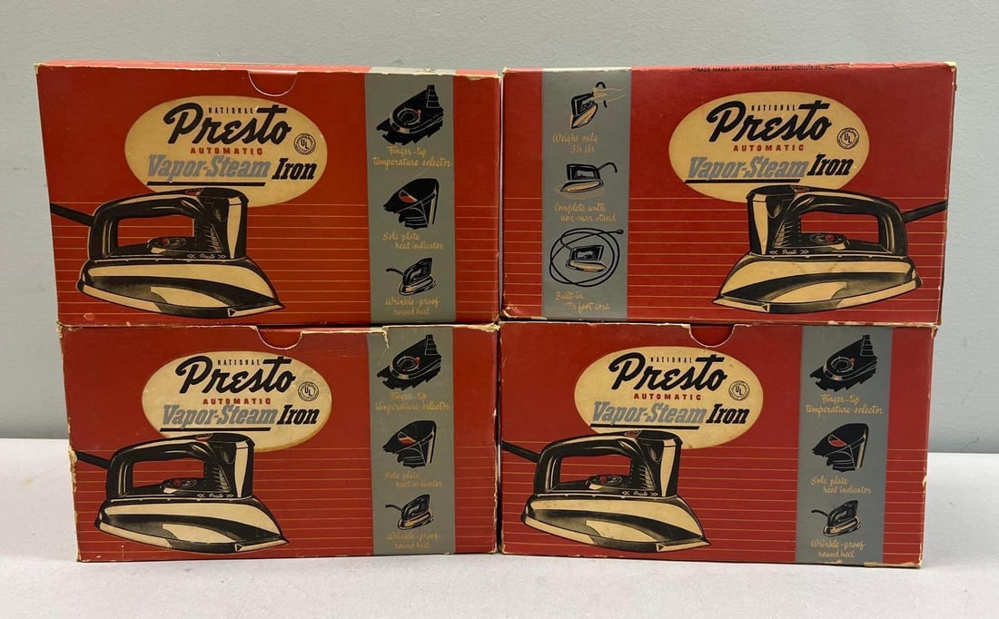 Group of Four Vintage Presto Automatic Vapor-Steam Irons in Original Boxes