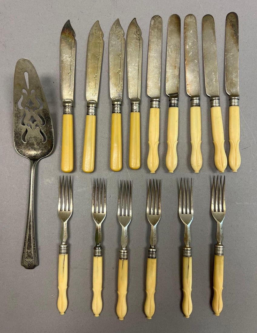 Vintage English EPNS Dessert Flatware Set with Faux Ivory Handles and Cake Server (1 of 4)