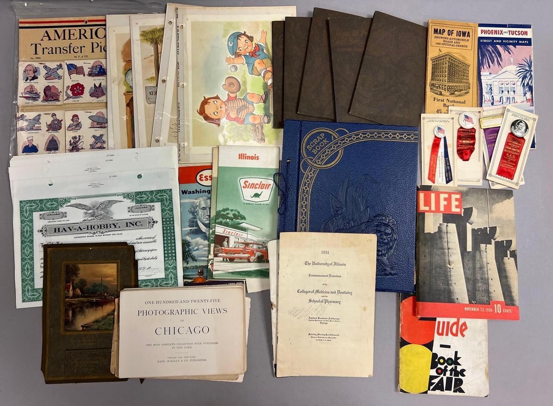 Vintage Paper Ephemera and Advertising Collection Including Chicago Views, Sinclair, Life Magazine (1 of 4)