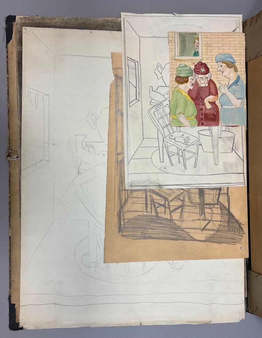 Vintage Artist Portfolio with Charcoal Portraits, Sketches and Original Artwork: Portfolio measures 20 inches x 26