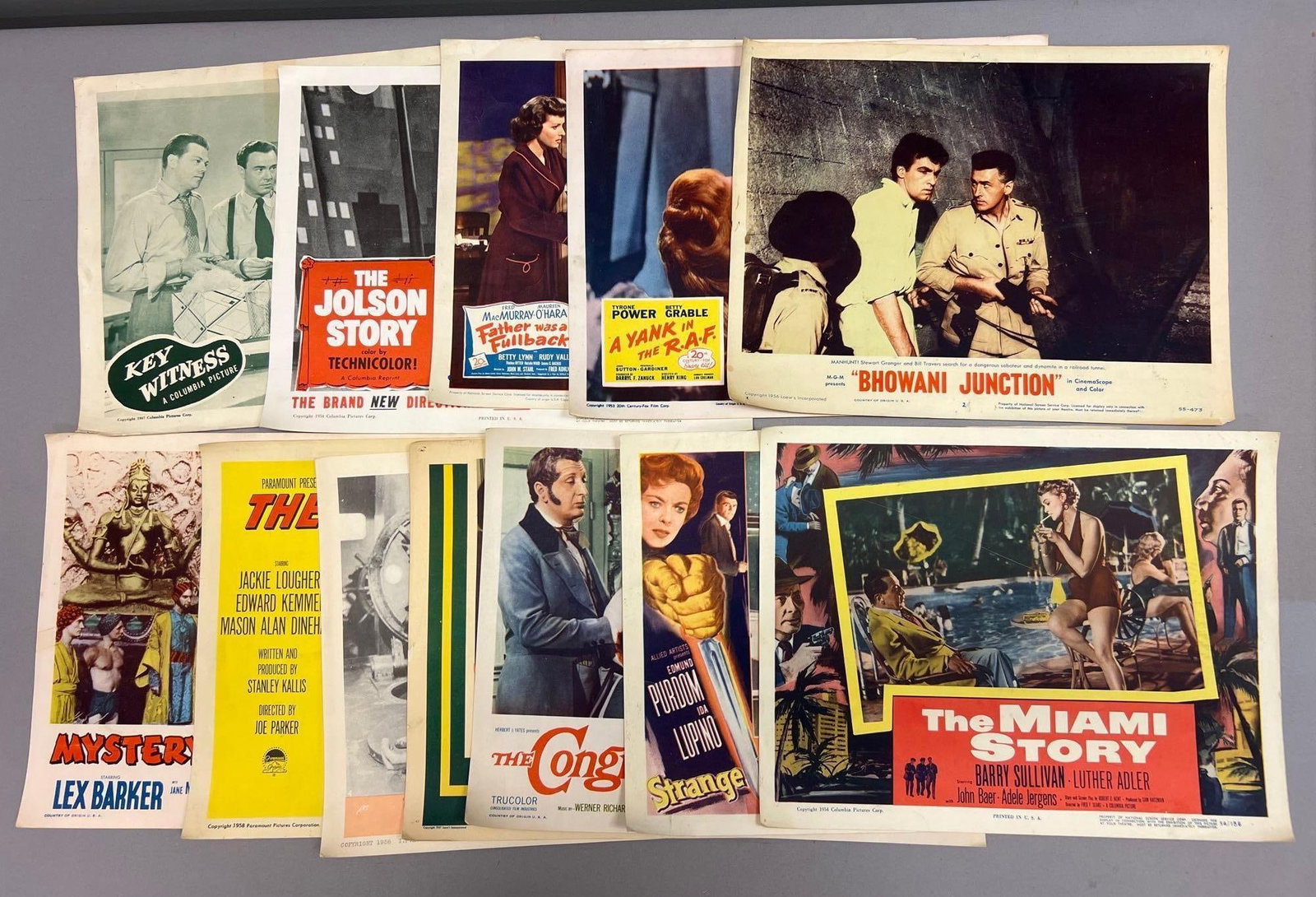 Collection of Vintage Original 1950s Movie Lobby Cards and Film Advertising Cards: Lobby cards measuring 14 inches x 11 inches.?Collection of original vintage movie lobby cards and promotional film advertising cards dating primarily to the 1940s and 1950s. Includes titles such as Bh