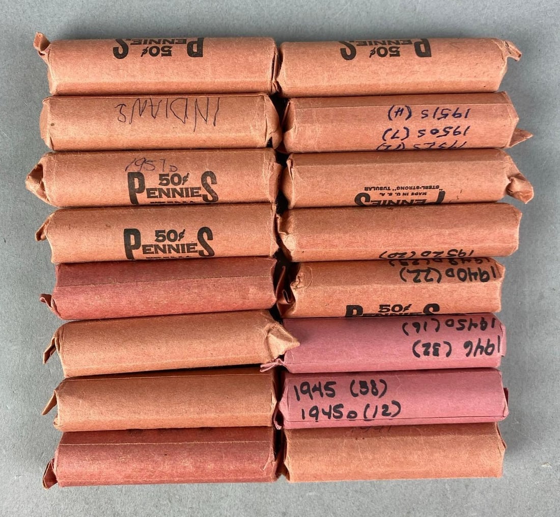 Group of 16 50? Rolls of US Wheat Pennies: ~800 wheat pennies