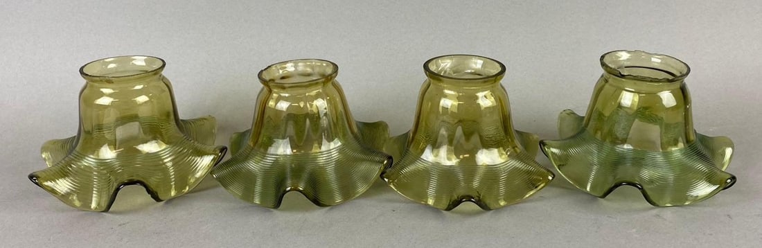 Group of 4 Green Vaseline Glass Handkerchief Style Lamp Shades: Largest measures 3