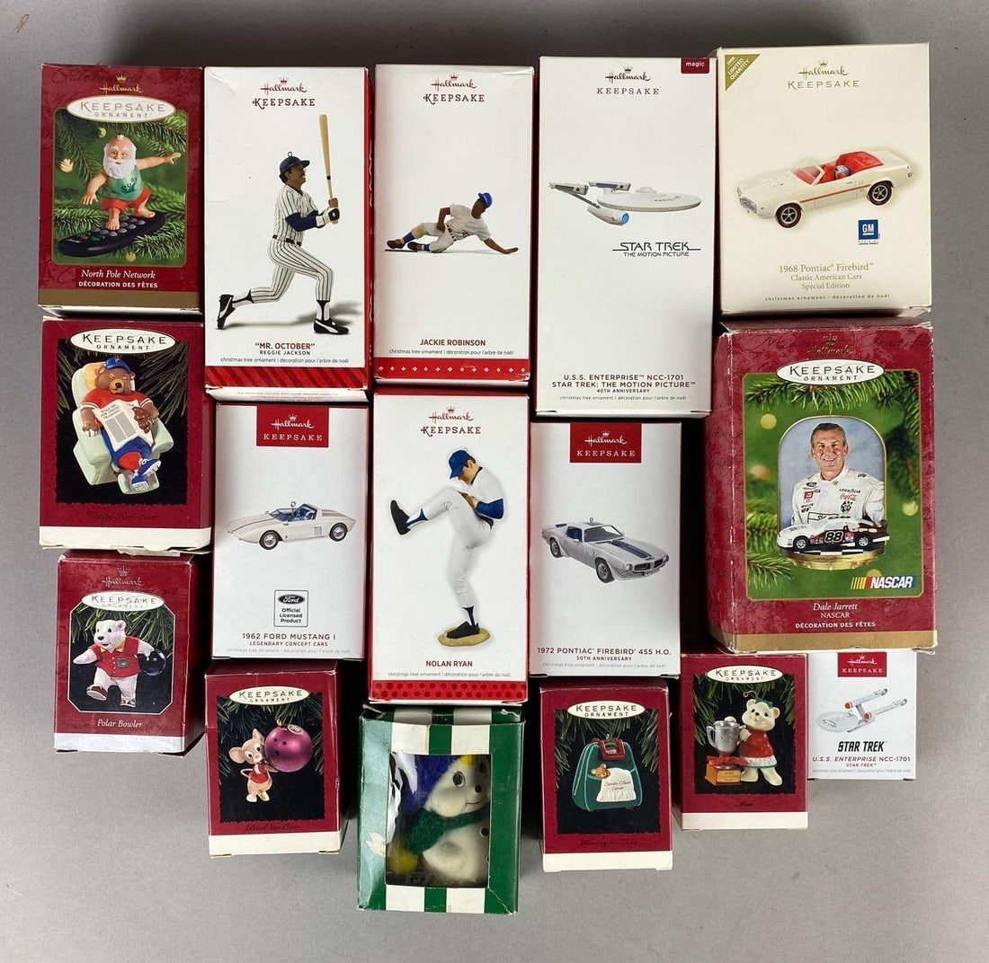 Group of Assorted Hallmark Keepsake Sport Themed Ornaments and More: Includes Star Trek, Cars, and more. Largest measures 7 in length.