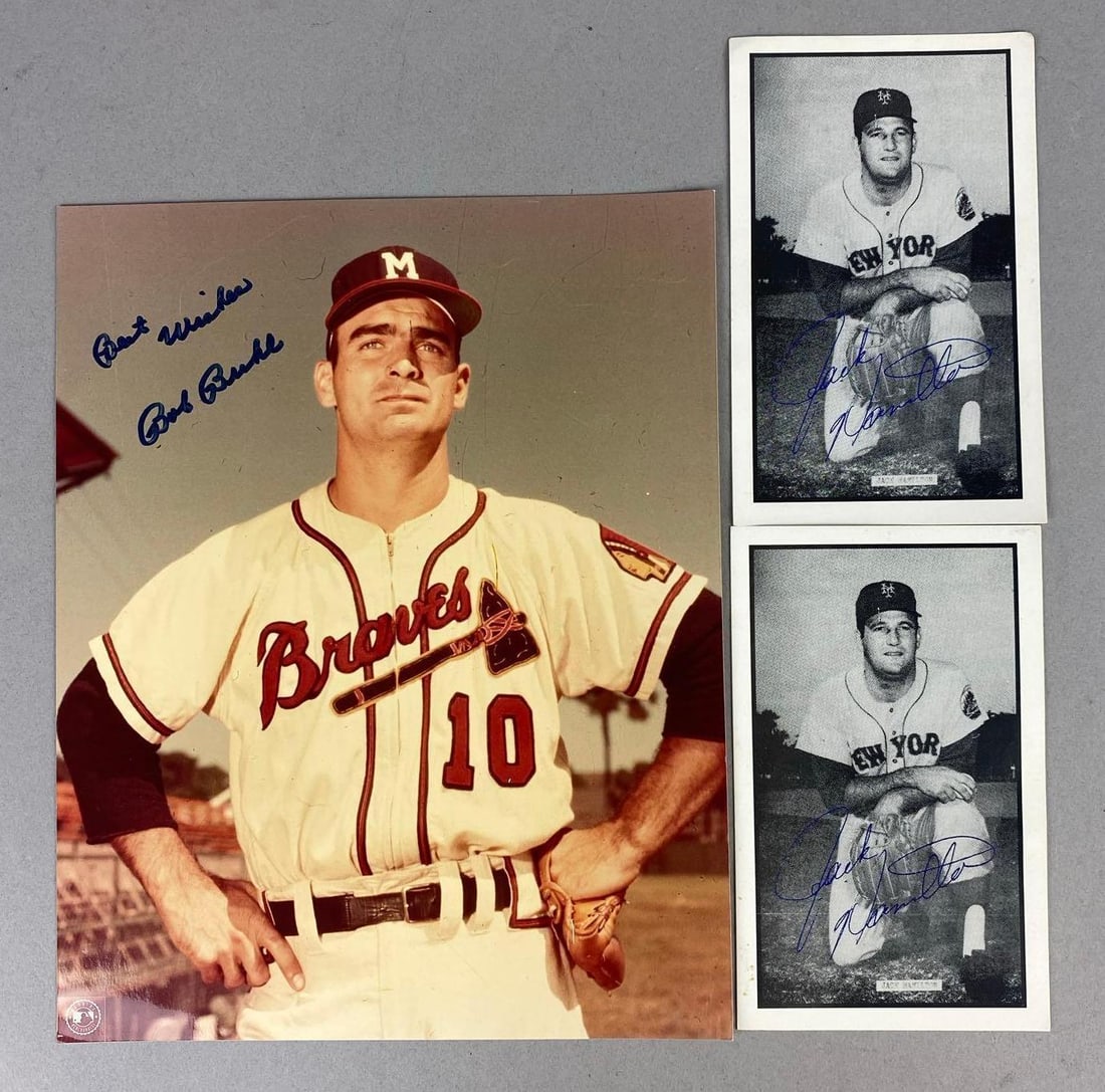 Group of 3 Jack Hamilton Facsimiles Postcards and More: Includes Bob Burke Signed Photograph. Largest measures L 10 x W 8 inches.