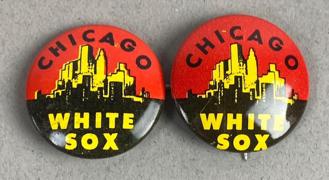 Group of 2 Vintage 1968 Crane Potato Chips Chicago White Sox Promotional Pins: One measures 0.5 inch.