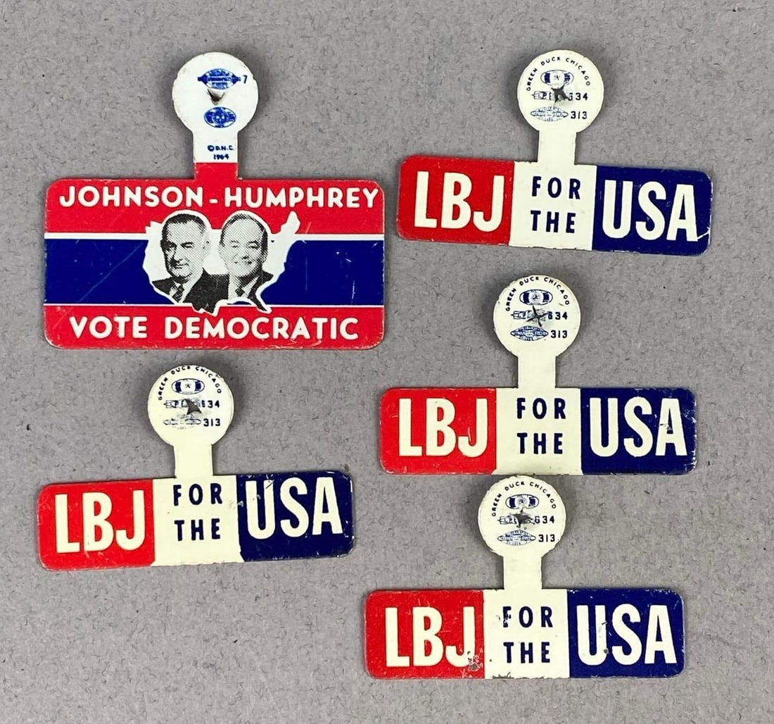 Group of 5 Vintage 1964 Lyndon B. Johnson Campaigning Pins: Largest measures 1 1/2