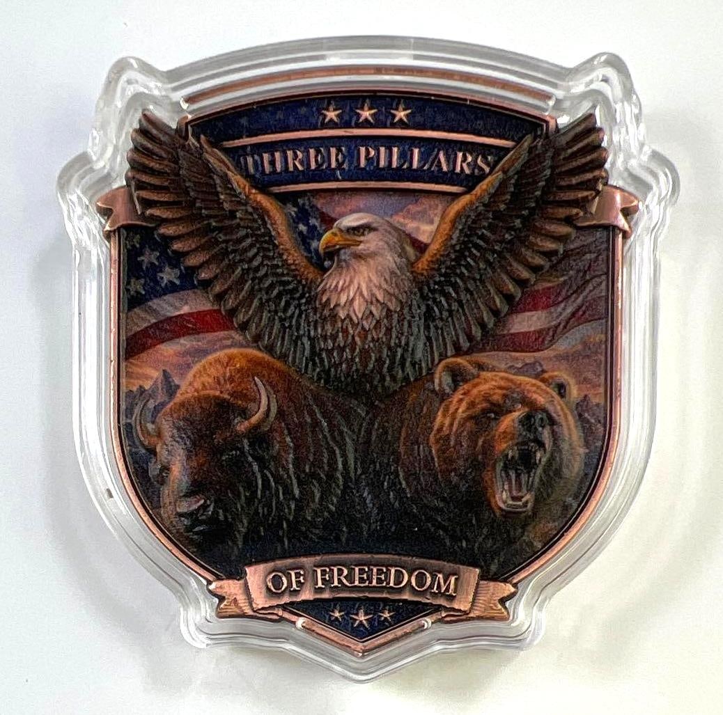 COPPER Three Pillars of Freedom 250 Years 5 AVDP oz .999 Fine Copper Shield Round (1 of 2)