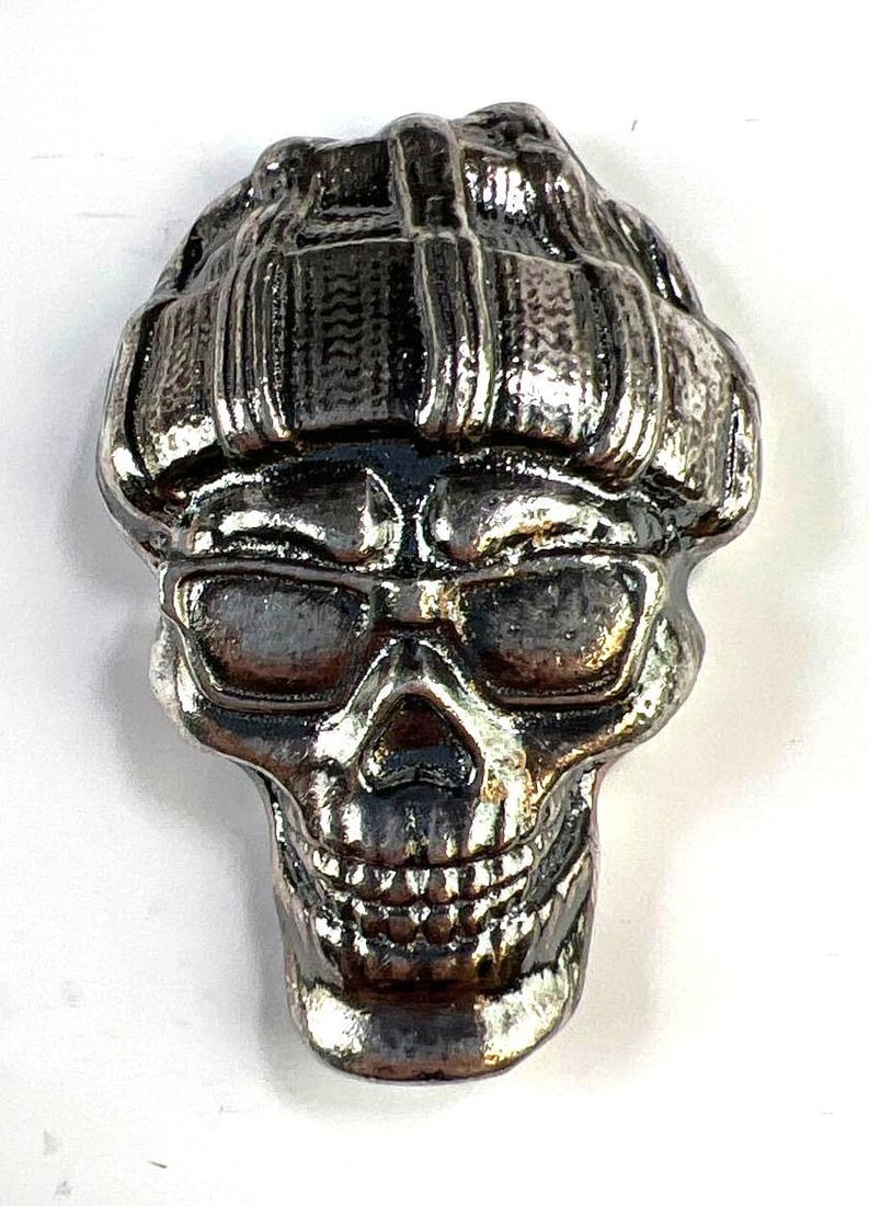 5 oz .999 Fine Silver Beanie Skull Hand-Poured Bar: 5 oz .999 Fine Silver Beanie Skull Hand-Poured Bar