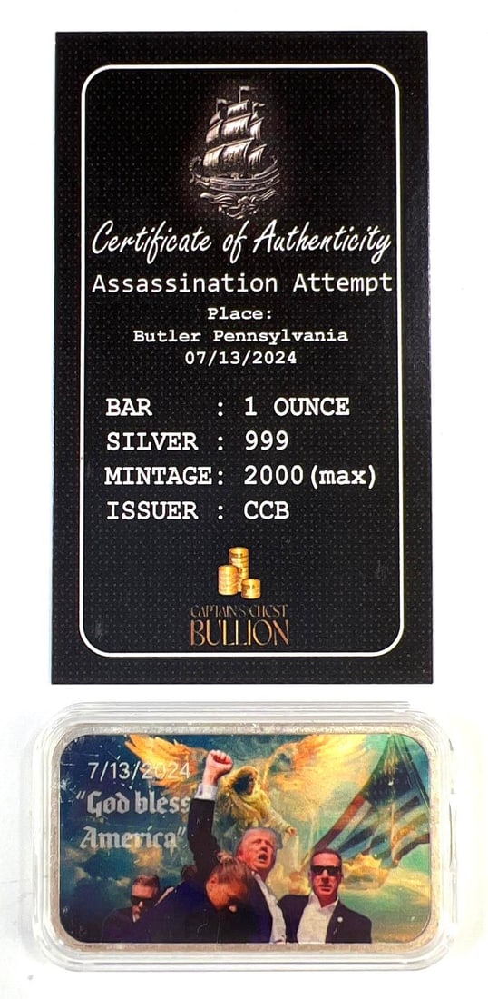 Captains Chest Bullion 1 oz .999 Silver Trump Assassination Attempt Commemorative Bar w/ COA: Captains Chest Bullion 1 oz .999 Silver Trump Assassination Attempt Commemorative Bar w/ COA
