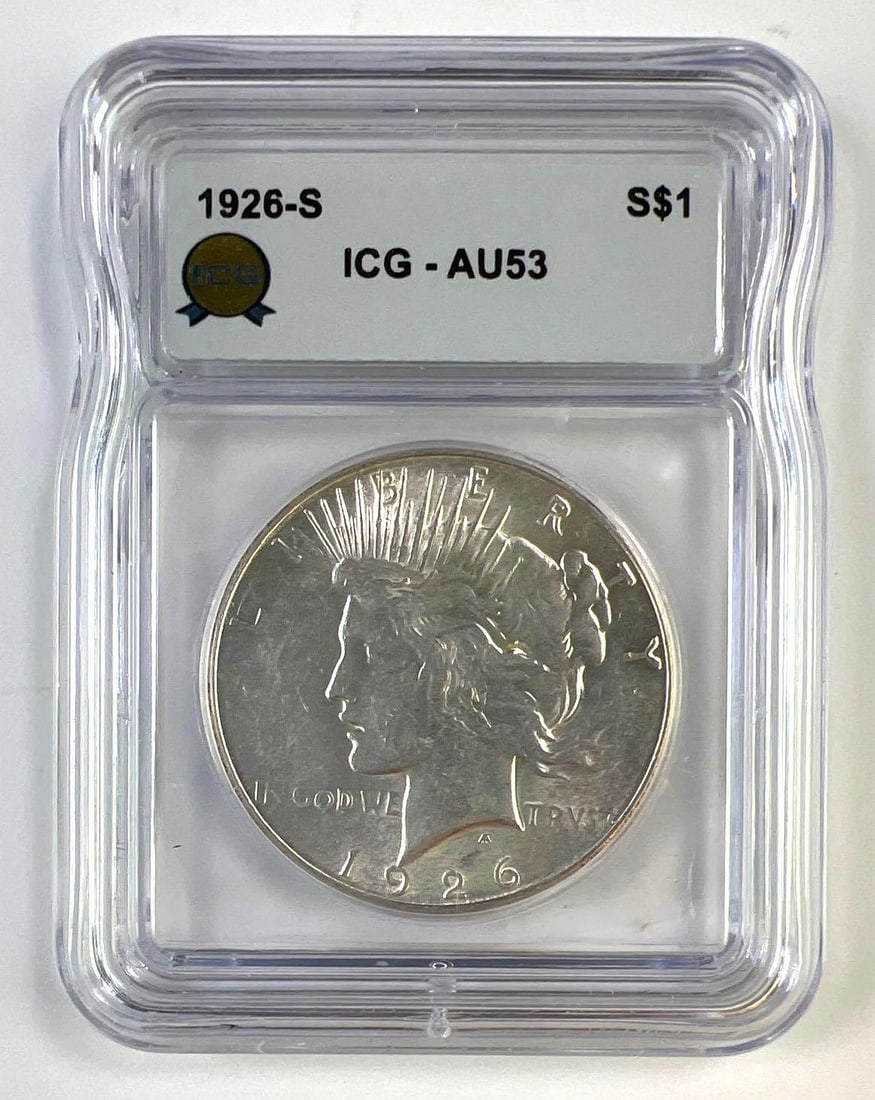 1926-S US Peace Silver Dollar ICG AU-53: 1926-S US Peace Silver Dollar ICG AU-53