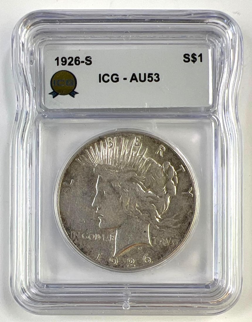 1926-S US Peace Silver Dollar ICG AU-53: 1926-S US Peace Silver Dollar ICG AU-53