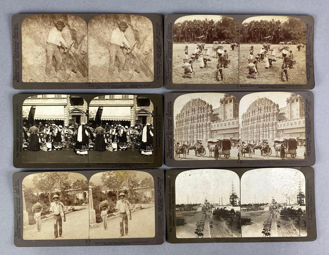 Group of 6 1900s India Stereoviews: Features the palace of the winds, poverty, copper miner and more, each measures 3 1/2 H x 7 W
