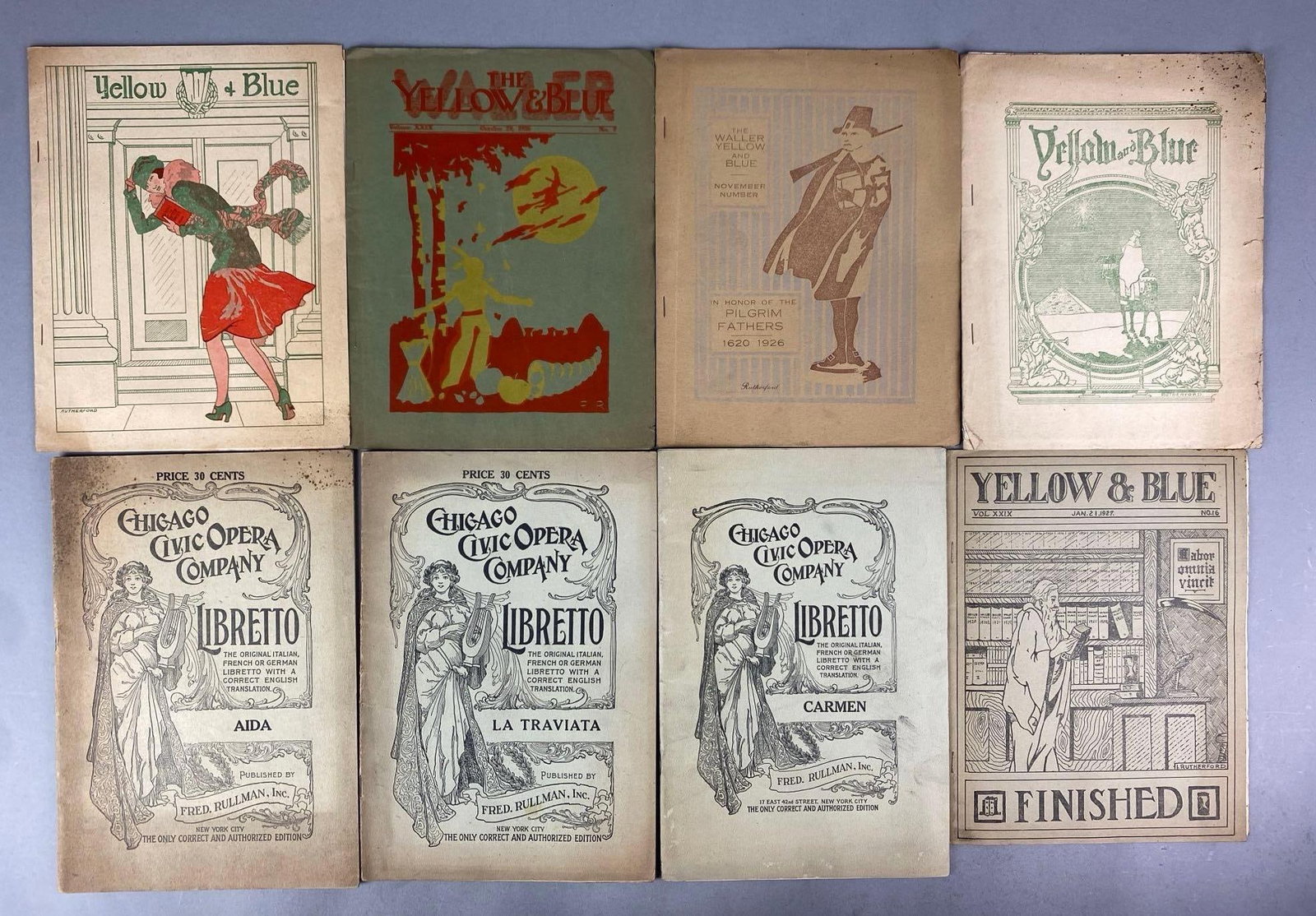 Group of 8 Vintage Opera Librettos and Magazines: Includes The Yellow and Blue and Chicago civic opera company, Largest measures 10 H x 6 3/4 W