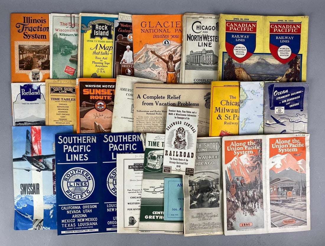 Group of Vintage Railway Time Tables and More: Includes USSR Map, Swissair pamphlet, canadian railway lines and more, largest measures 9 H x 8 W
